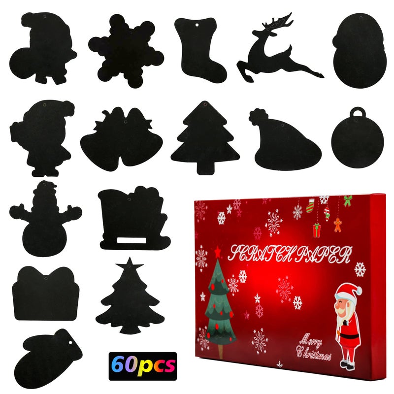 DAIKOYE Christmas Scratch Art Paper 60 Pcs Crafts Kits Magic Rainbow Scratch Cards for Xmas Tree Ornaments and Kids Birthday Decoration with 15 Pcs Drawing Sticks & 60 Pcs Cords - Image 2